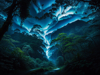 A lush jungle surrounded by a thunder storm - AI Generative