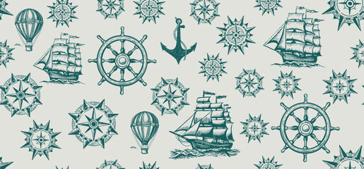 Vintage sailing yachts, anchor, wind rose, ship steering wheel, vector.