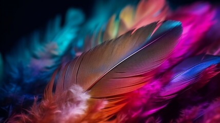 Obraz premium A close-up image of a fluffy white feather set against a colorful, pastel, neon mist, resembling a patchwork rainbow background. Generative AI