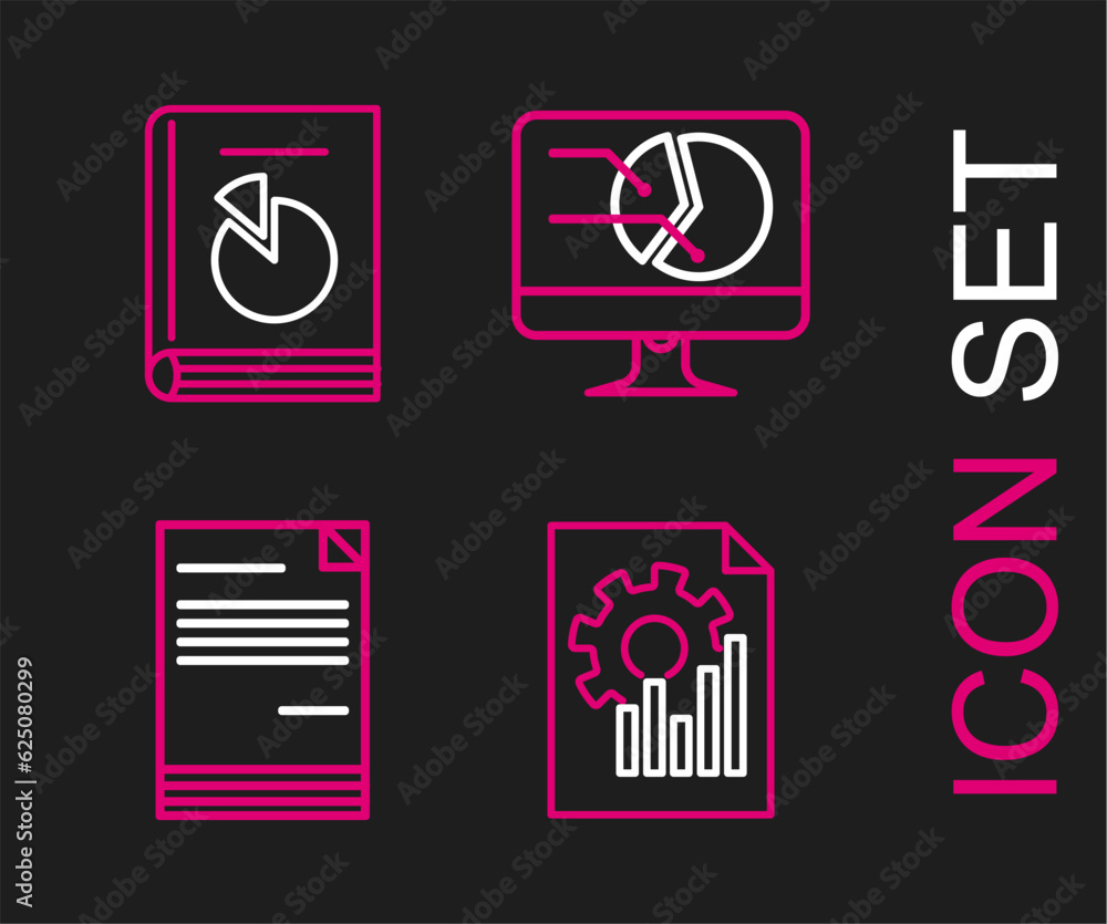 Poster set line document with graph chart, computer monitor and user manual icon. vector