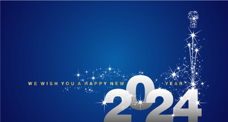 Fototapeta na wymiar We wish you a Happy New Year 2024 shining firework gold white silver blue background greeting card