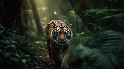 A wild tiger walks in the green jungle. Generative AI