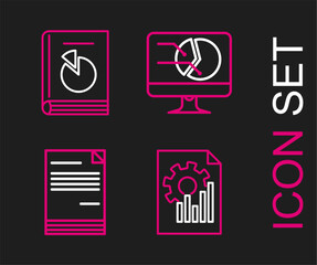Set line Document with graph chart, Computer monitor and User manual icon. Vector