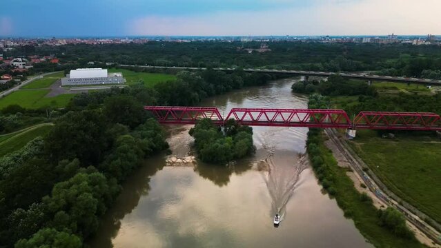 Railway bridge over Mures river, Arad county, Romania. 
Drone aerial footage. 