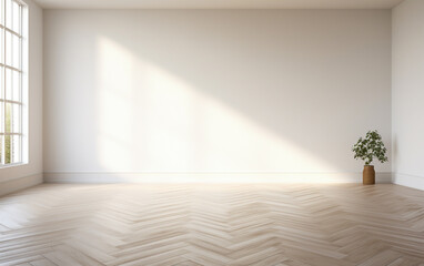 Fototapeta na wymiar Empty minimal room interior design with fishbone flooring