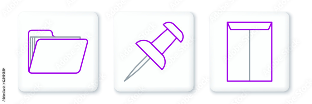 Poster set line envelope, document folder and push pin icon. vector