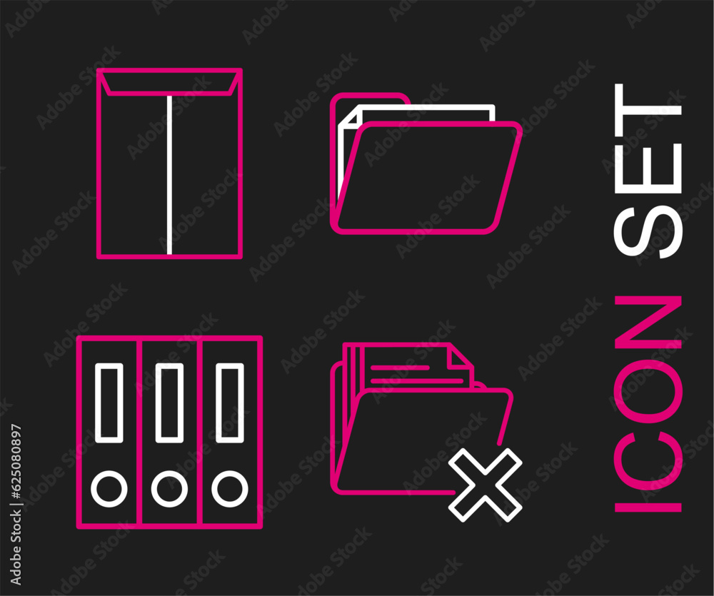 Poster set line delete folder, office folders with papers and documents, document and envelope icon. vector