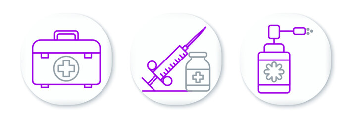 Set line Medical bottle with nozzle spray, First aid kit and syringe needle and vial or ampoule icon. Vector