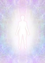 Connect with your higher spirit - white silhouette female figure against a white light pale gold and pastel coloured outward flowing  background ideal for a spiritual goddess theme template background