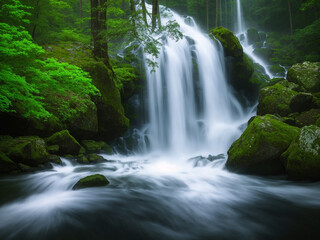 Fototapeta premium A lush jungle with a vibrant waterfall - AI Generative