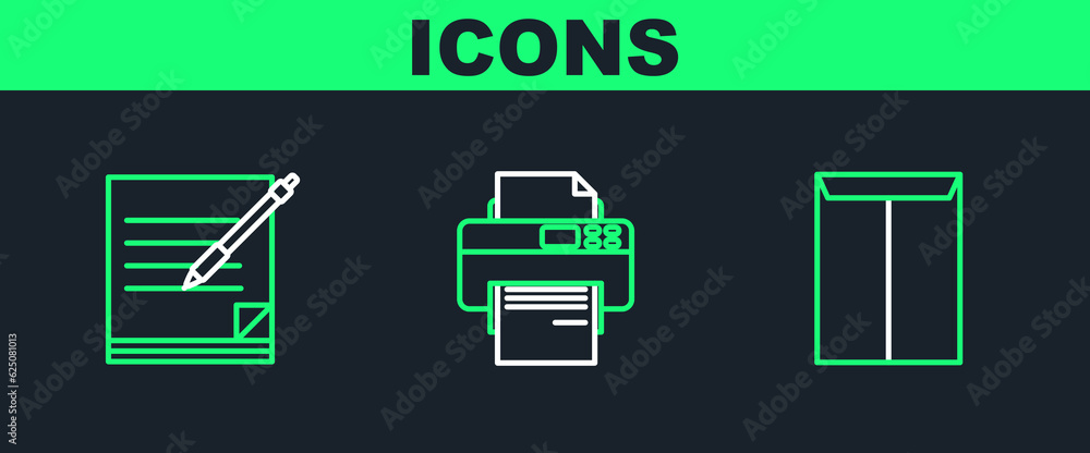 Poster set line envelope, blank notebook and pen and printer icon. vector