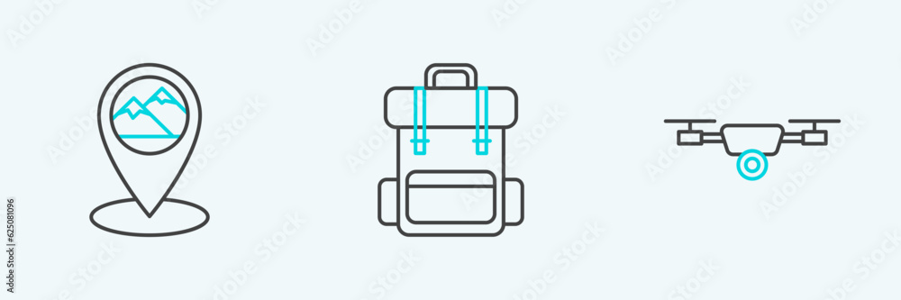 Poster set line drone flying with action video camera, map pointer mountain and hiking backpack icon. vecto