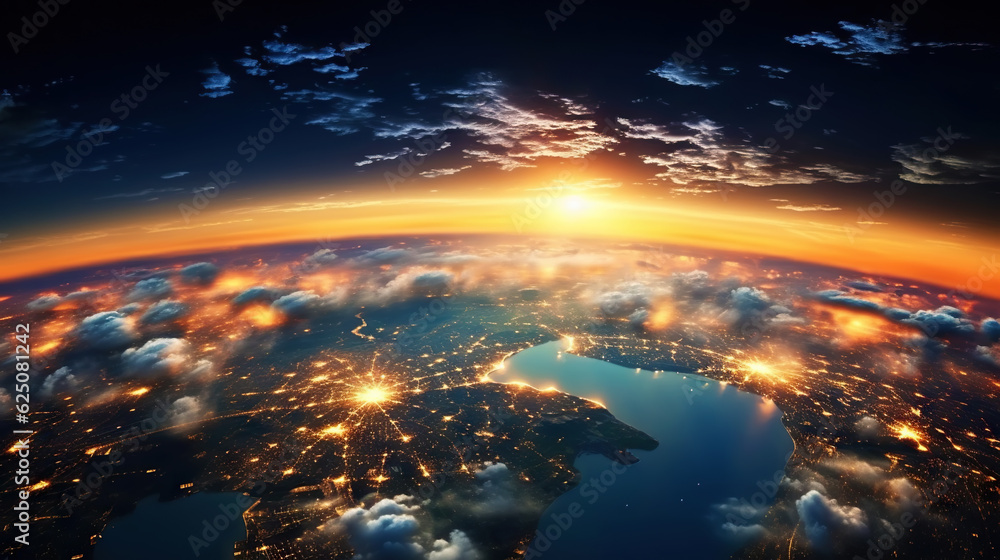 Canvas Prints panoramic view on planet earth globe from space. glowing city lights, light clouds. generative ai