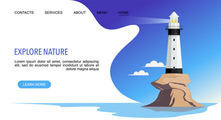 Explore Nature Landing web page with lighthouse on the island by the sea