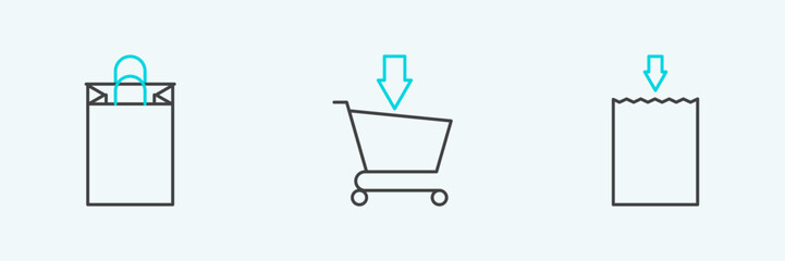 Set line Paper shopping bag, and Add to Shopping cart icon. Vector