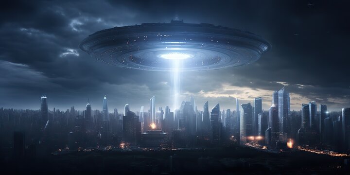 AI Generated. AI Generative. Alien spaceship mothership ufo galaxy invasion. Dark night ligh city town landscape. Future fantasy reality. Graphic Art