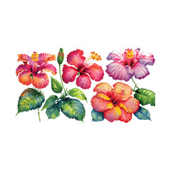 Vibrant hibiscus flowers in tropical paradise in watercolor style 