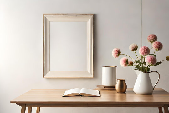 Empty wooden picture frame mockup hanging on beige wall background. Boho shaped vase, dry flowers on table. Cup of coffee. Working space interior of a modern office