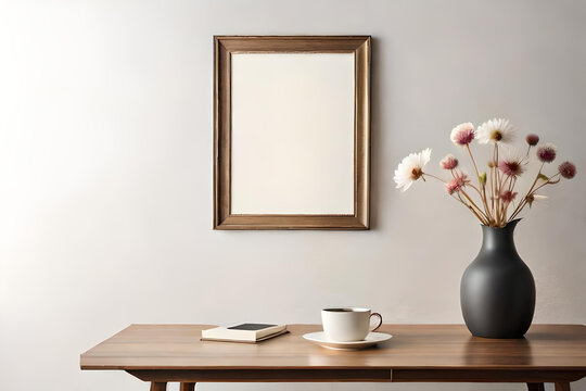 Empty wooden picture frame mockup hanging on beige wall background. Boho shaped vase, dry flowers on table. Cup of coffee. Working space white vase with flowers