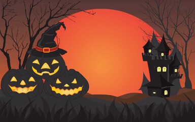 Halloween night background with dark pumpkins and castle