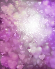 Beautiful heart filled pink bokeh magical gentle background template - many different sized overlapping plump shiny love hearts random pattern, with a bright white sparkling orb off center