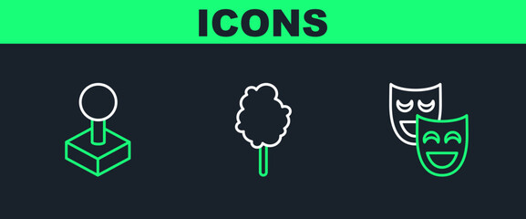 Set line Comedy theatrical masks, Joystick for arcade machine and Cotton candy icon. Vector