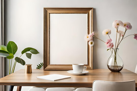 Empty wooden picture frame mockup hanging on beige wall background. Boho shaped vase, dry flowers on table. Cup of coffee. Working space, home office. Art, poster display. Modern interior,flower, room