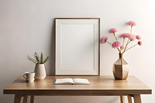 Empty wooden picture frame mockup hanging on beige wall background. Boho-shaped vase, dry flowers on table. Cup of coffee. Working space, home office. Art, poster display. Modern interior,   flower