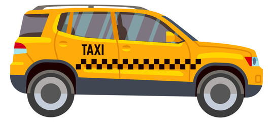 Yellow crossover car with checkered pattern. Taxi service auto