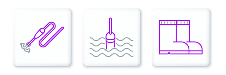 Set line Fishing boots, line with hook and float and water icon. Vector
