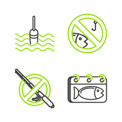Set line Calendar with a fish, No fishing, and Fishing float water icon. Vector