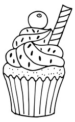 Cream cupcake doodle. Black line baked dessert