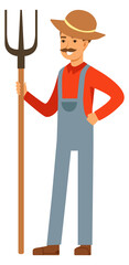 Farmer character with hayfork. Cartoon happy agriculture worker