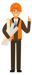 Construction engineer in hard hat. Smiling cartoon character