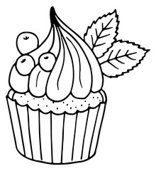 Sweet dessert sketch. Cream cupcake black doodle