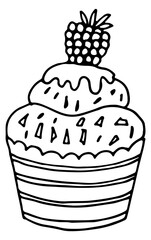 Sweet berry cupcake doodle. Black line drawing