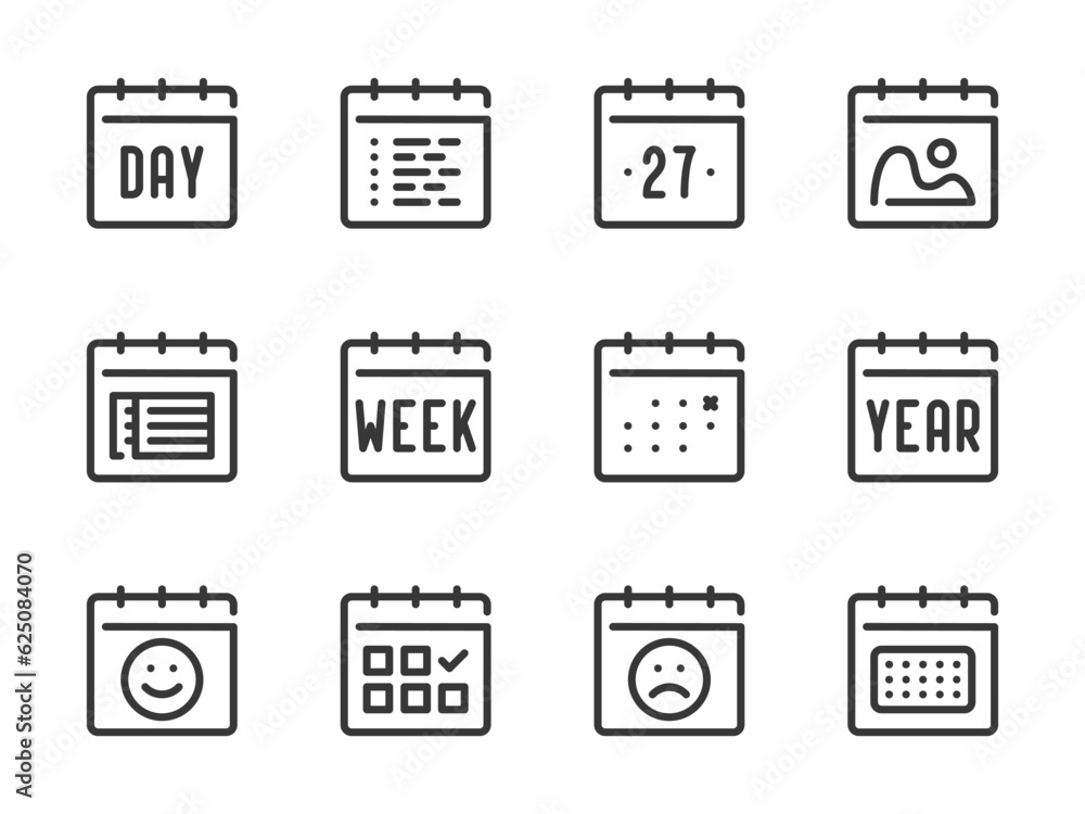 Poster calendar and date vector line icons. schedule and appointment outline icon set. planner, task manage