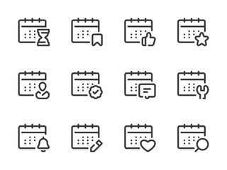 Calendar, Timetable and Date vector line icons. Schedule, Event and Appointment outline icon set.