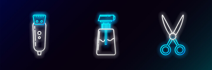 Set line Scissors hairdresser, Electrical clipper shaver and Cream lotion cosmetic tube icon. Glowing neon. Vector