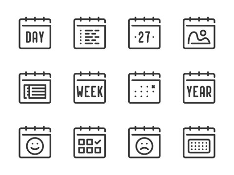 Calendar and Date vector line icons. Schedule and Appointment outline icon set. Planner, Task manager, Event, Timetable, Note and more.