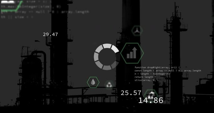 Animation of statistics and data processing over factory background