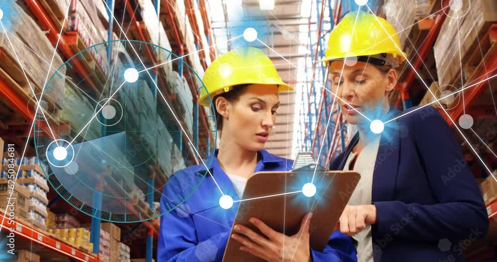 Aufkleber animation of network of connections with icons over diverse engineers in warehouse