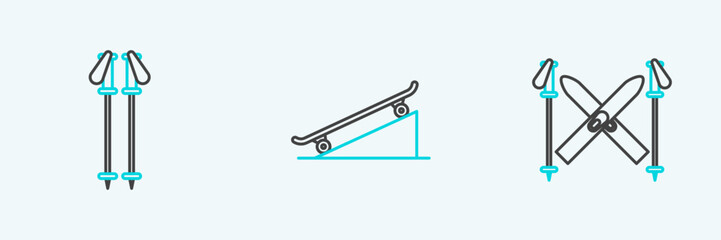 Set line Ski and sticks, poles and Skateboard on street ramp icon. Vector