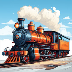 2d perspective illustration of an old locomotive moving towards its destination. Vintage and retro design.