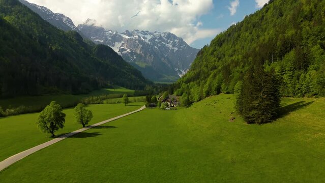 Logar valley (Logarska dolina), Kamnik Savinja Alps, Slovenia, Europe. Drone footage. 