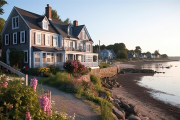 Fototapeta premium Seaside Charm: Exploring Sandy Beaches, Quaint Cottages, and a Picturesque Harbor in a Delightful Coastal Town, generative AI