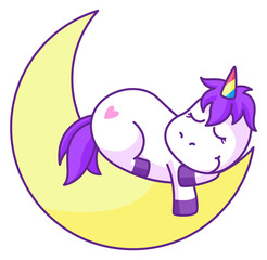 Unicorn sleep on crescent moon. Fantasy dream creature