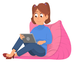 Home leisure time. Cartoon girl sit on lazy chair with tablet