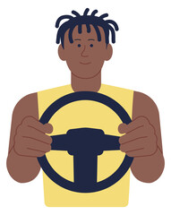 Black young man driving. Car driver character