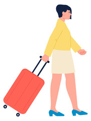 Woman with suitcase. Tourist character with travel bag